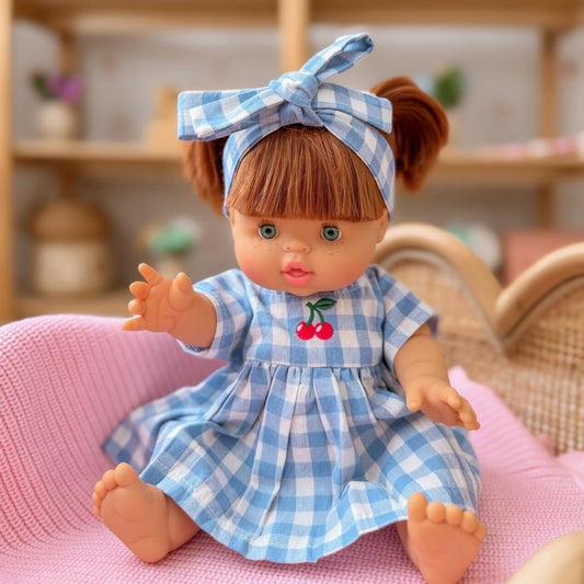 Dolls Sky Blue Cherry Gingham Chloe Dress + Bow - Fits 34-38cm