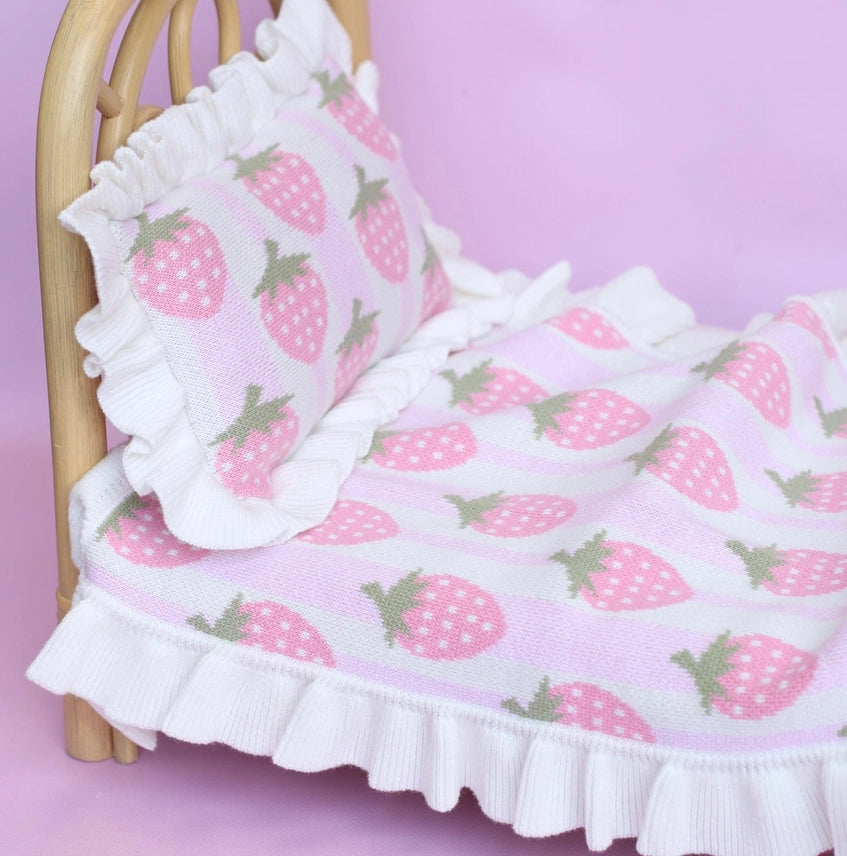 Strawberry Frilled Doll Blanket + Pillow Set