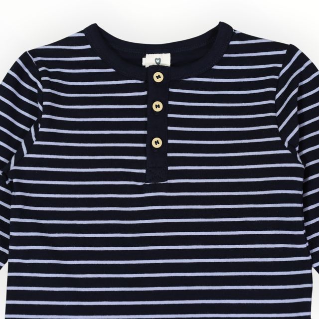 Striped Cotton Henley Top - Blue