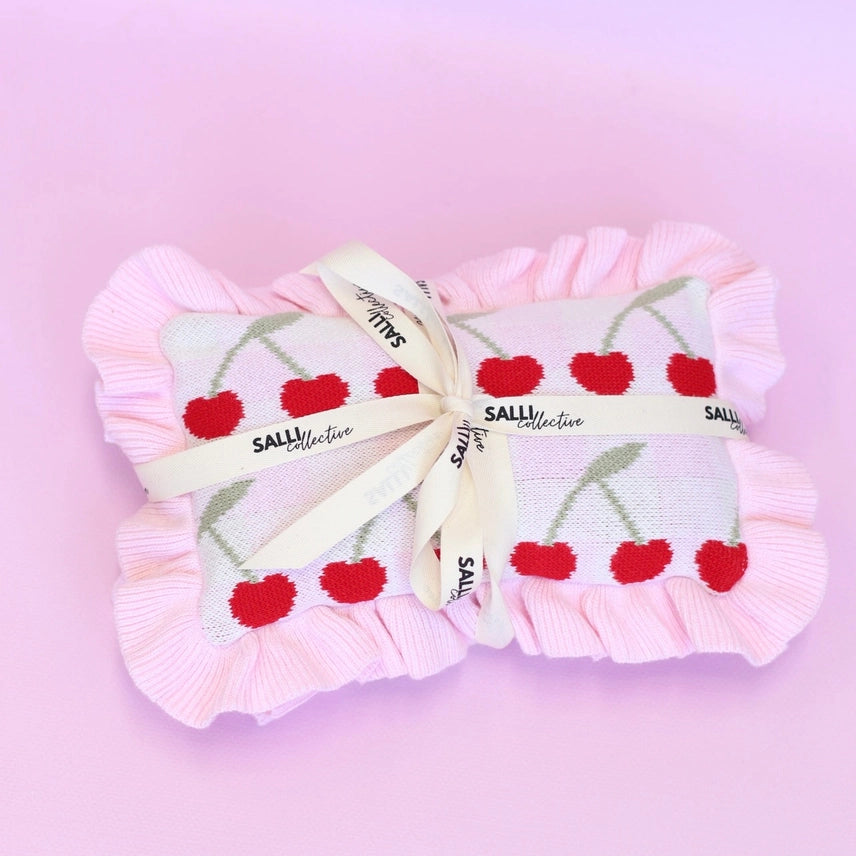 Dolls Frilled Gingham Cherry Blanket + Pillow Set