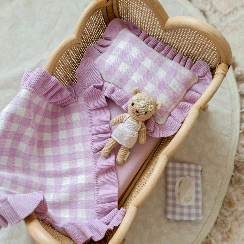 Frilled Purple Gingham Doll Blanket + Pillow Set