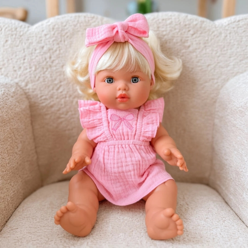 Petal Pink Dolls Bow Dress Headwrap and Bloomers - 3 Pce Set