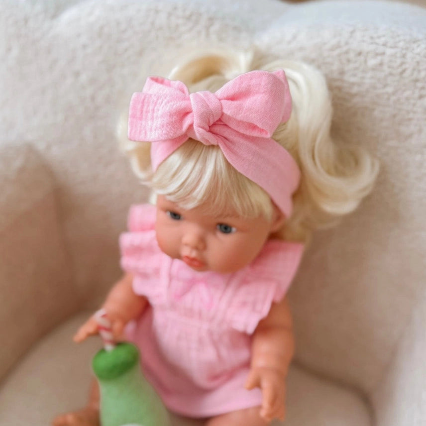 Petal Pink Dolls Bow Dress Headwrap and Bloomers - 3 Pce Set