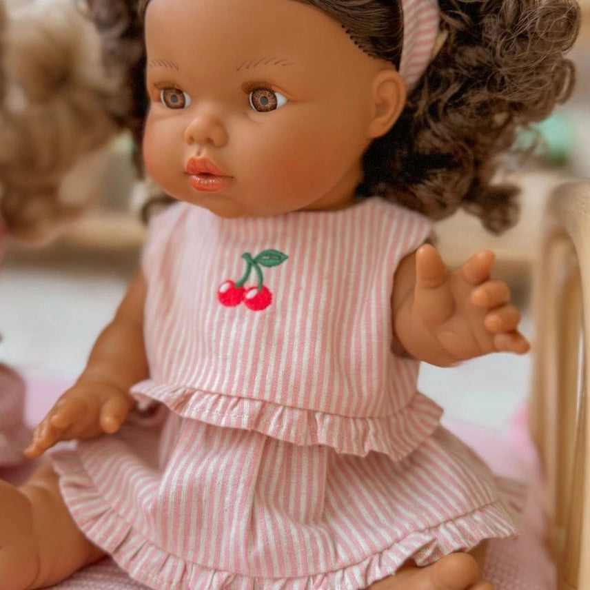 Dolls Vintage Pink & Ivory Frilled 3Pce  Set with Cherry  Embroidery - Fits 34-38cm