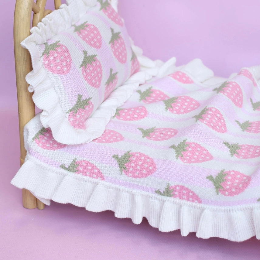 Strawberry Frilled Doll Blanket + Pillow Set