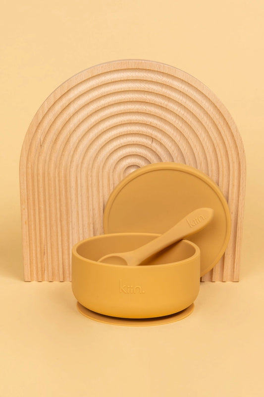 Silicone Suction Bowl w Lid & Spoon - Tan