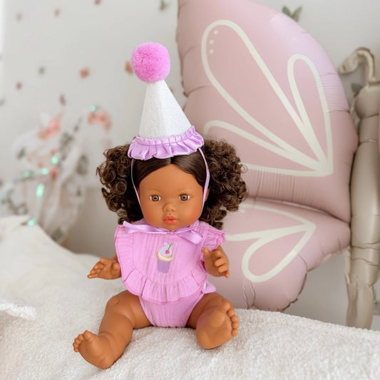 Dolls Lilac Birthday Cupcake Bib & Diaper Set - Fits 34-38cm