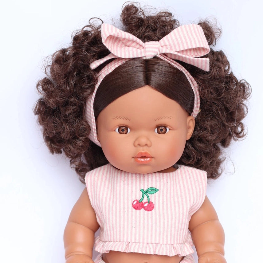 Dolls Vintage Pink & Ivory Frilled 3Pce  Set with Cherry  Embroidery - Fits 34-38cm