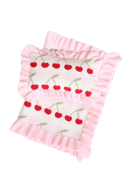 Dolls Frilled Gingham Cherry Blanket + Pillow Set