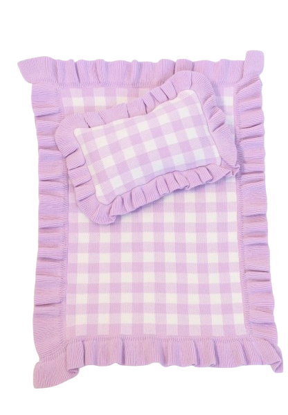 Frilled Purple Gingham Doll Blanket + Pillow Set