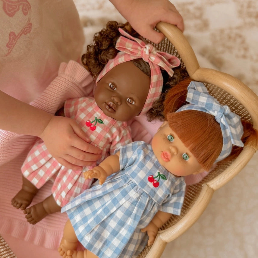 Dolls Sky Blue Cherry Gingham Chloe Dress + Bow - Fits 34-38cm