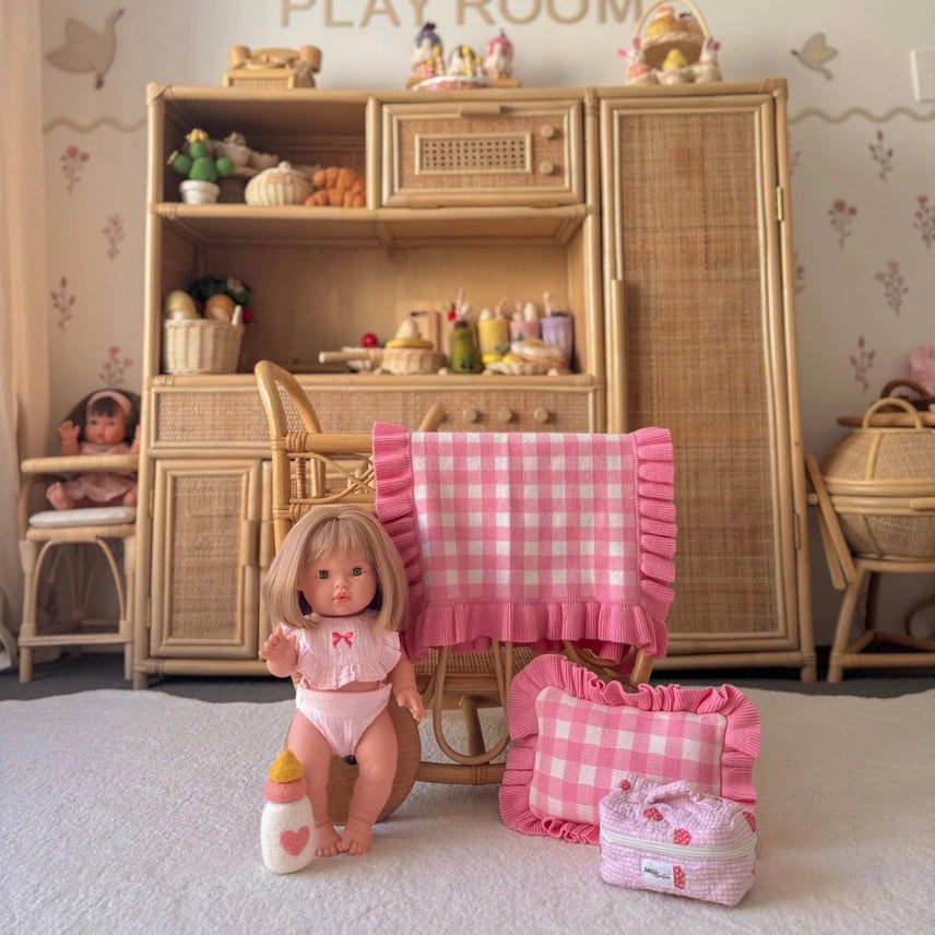 Frilled Tulip Pink Gingham Doll Blanket + Pillow Set