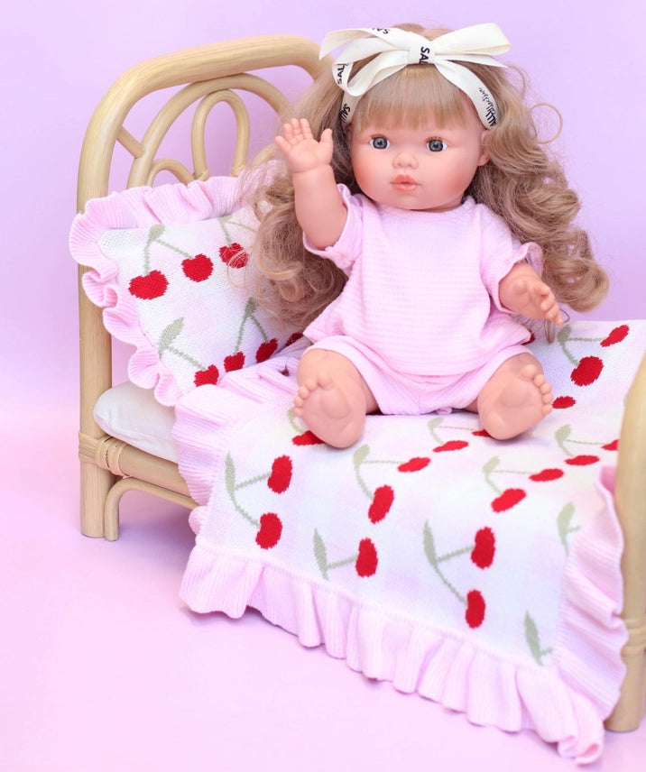 Dolls Frilled Gingham Cherry Blanket + Pillow Set