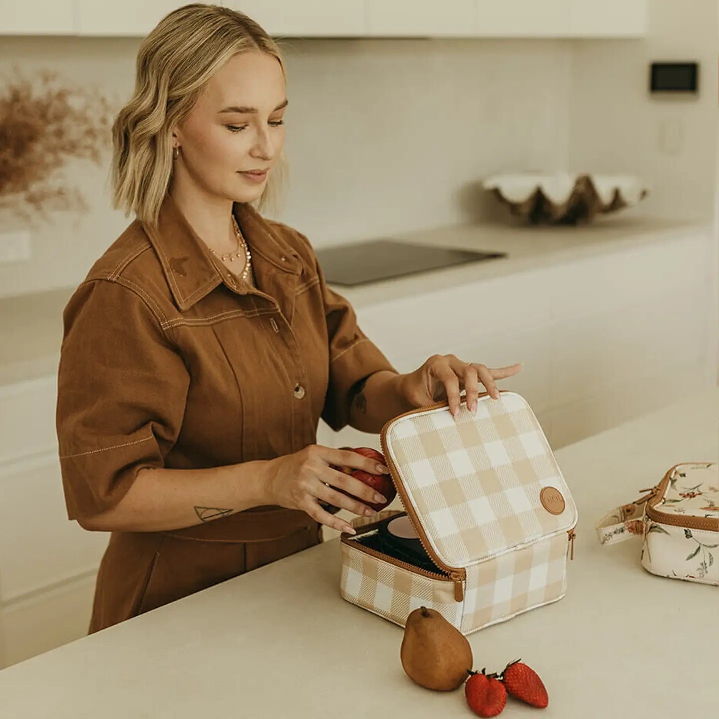 Mini Insulated Lunch Bag - Beige Gingham