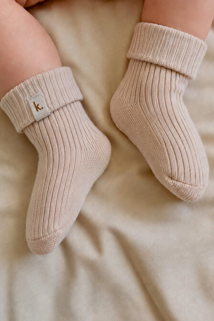 Cotton Ribbed Baby Socks 0-6M - Oat