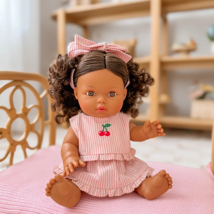 Dolls Vintage Pink & Ivory Frilled 3Pce  Set with Cherry  Embroidery - Fits 34-38cm
