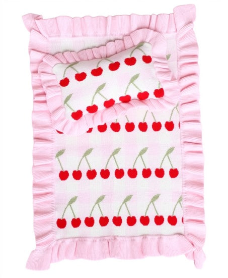Dolls Frilled Gingham Cherry Blanket + Pillow Set