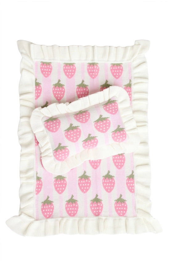 Strawberry Frilled Doll Blanket + Pillow Set