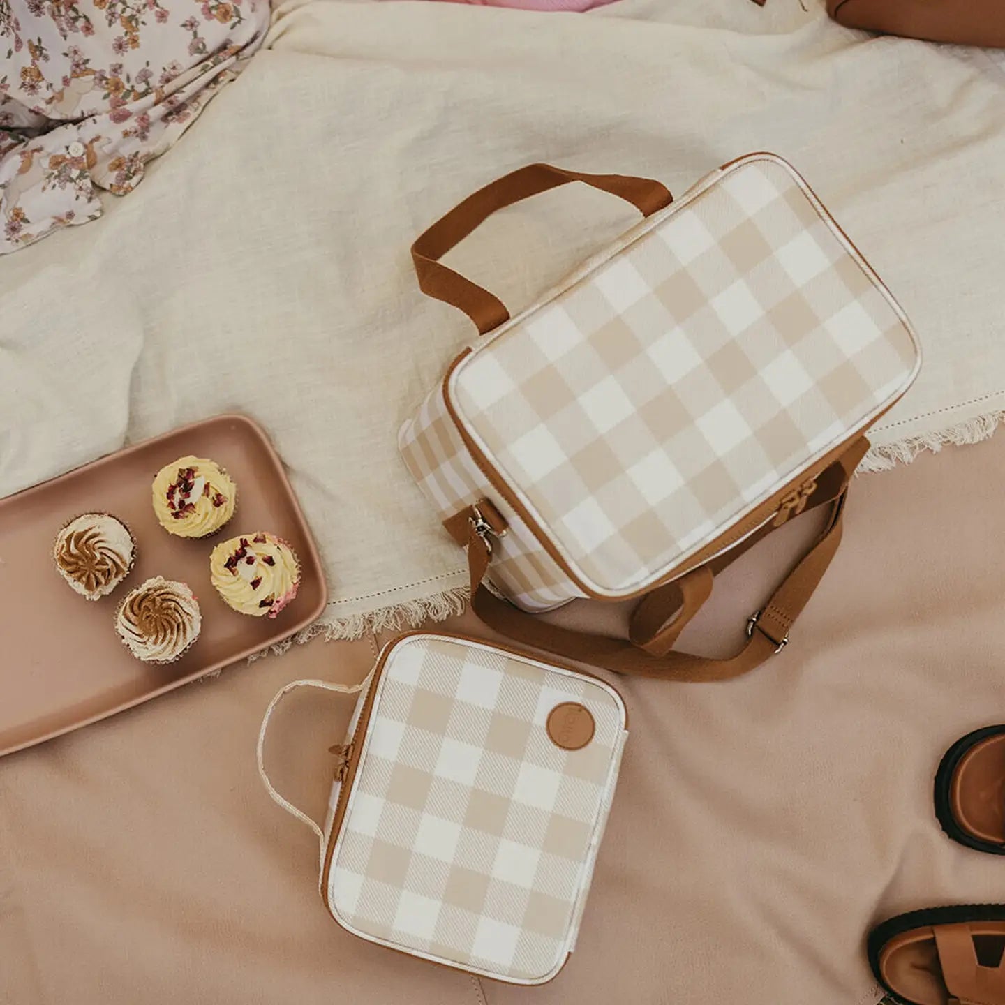 Mini Insulated Lunch Bag - Beige Gingham