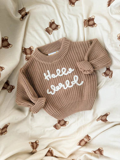 'Hello World' Chunky Knit Jumper - Teddy