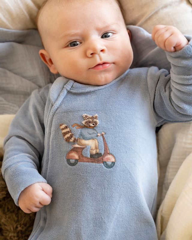Alvin Velour Zip Onesie - Dusky Blue