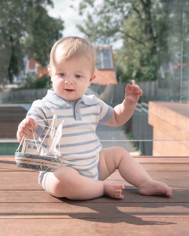 Brady Knitted Polo Romper - Blue Stripe