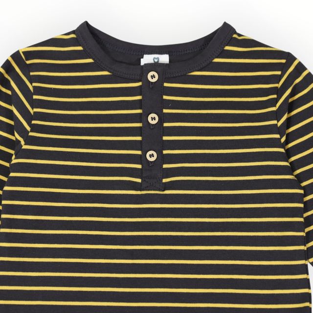 Striped Cotton Henley Top - Charcoal