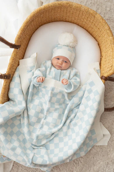 Border Knit Blanket -  Blue Checker