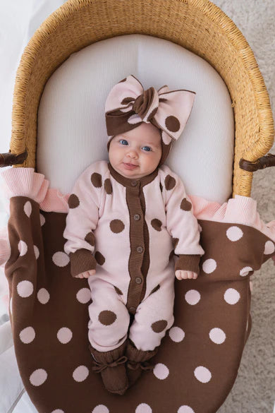 Frill Knit Blanket - Choc Pink Polka