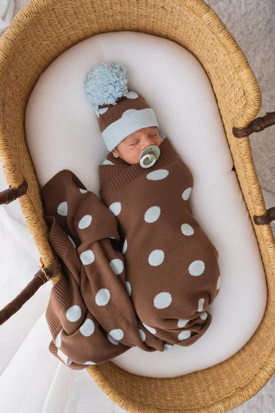 Knit Blanket - Choc Blue Polka