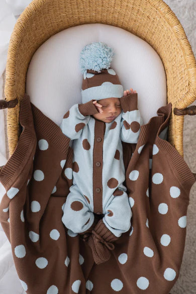 Knit Blanket - Choc Blue Polka