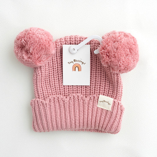 Double Pom Beanie - Dusty Rose 0-6M