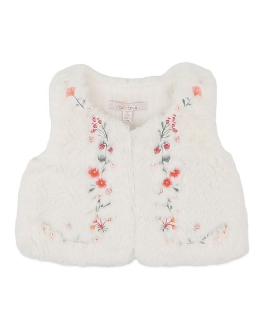 Embroidered Faux Fur Vest - Cream
