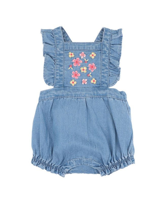Embroidered Denim Romper - Mid Indigo Blue
