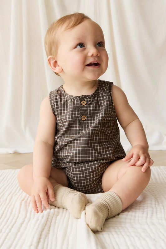 Archie Playsuit - Coffee Grid
