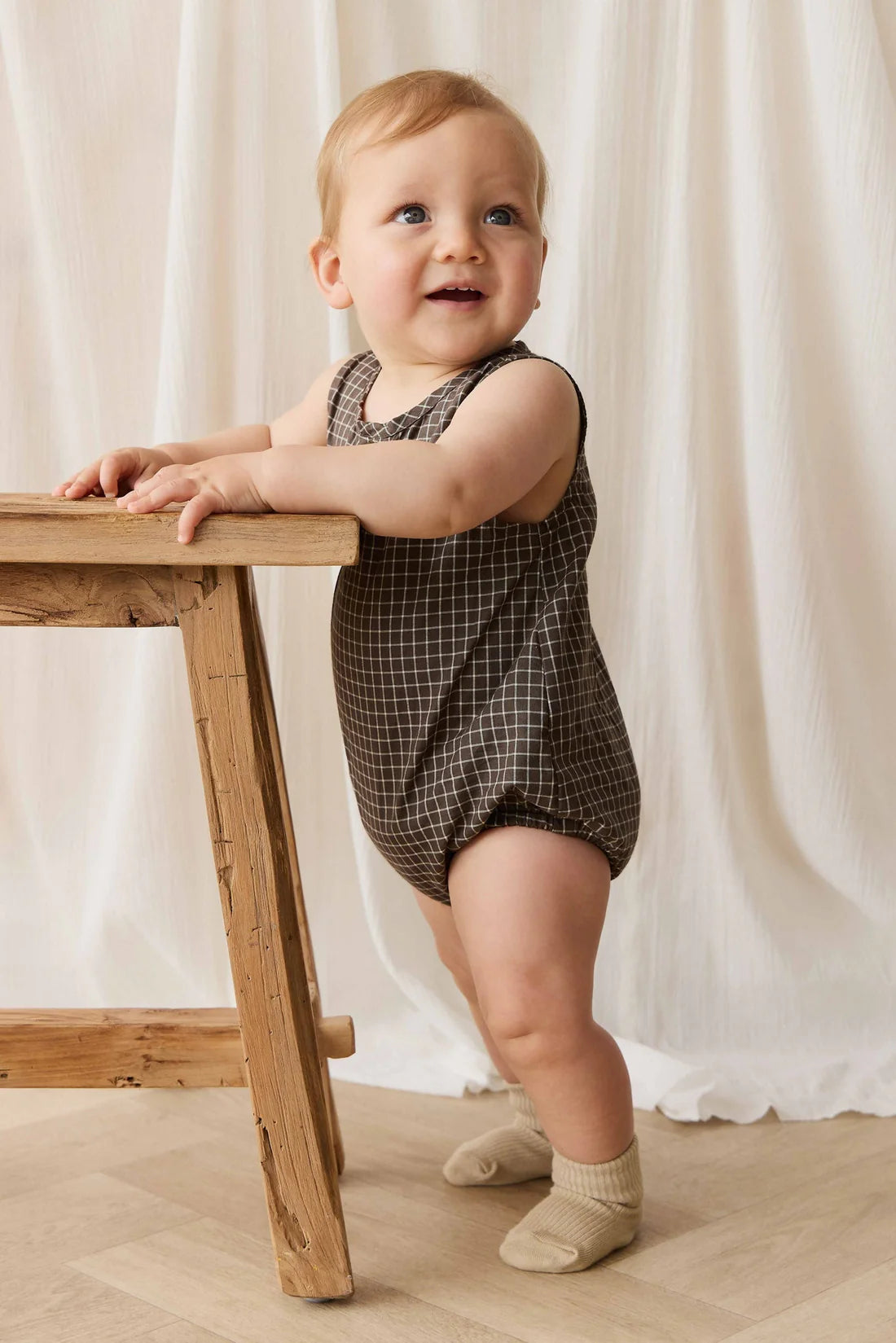 Archie Playsuit - Coffee Grid