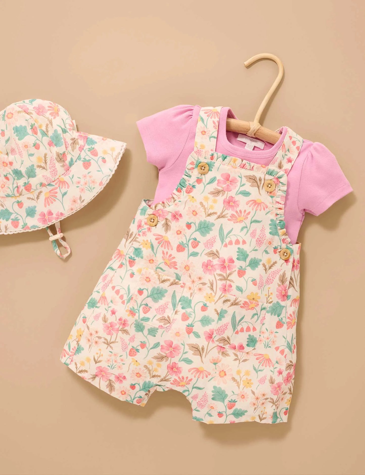Linen Blend Overall Set - Strawberry Garden Floral