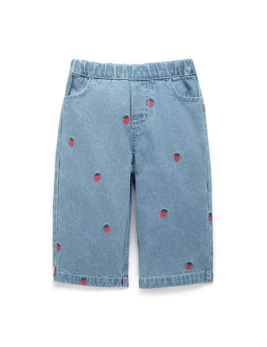 Embroidered Wide Leg Jeans - Large Strawberry Broderie