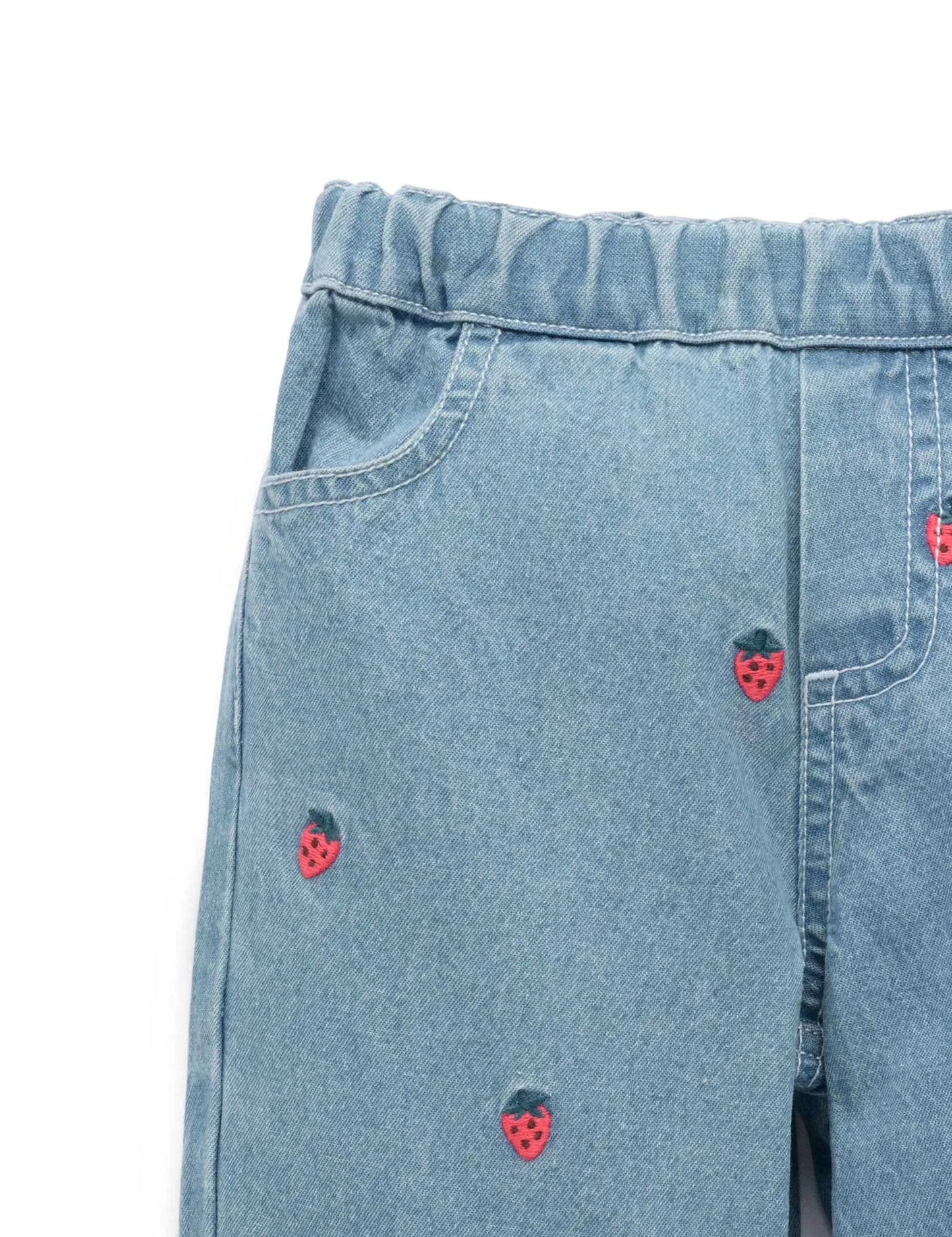 Embroidered Wide Leg Jeans - Large Strawberry Broderie
