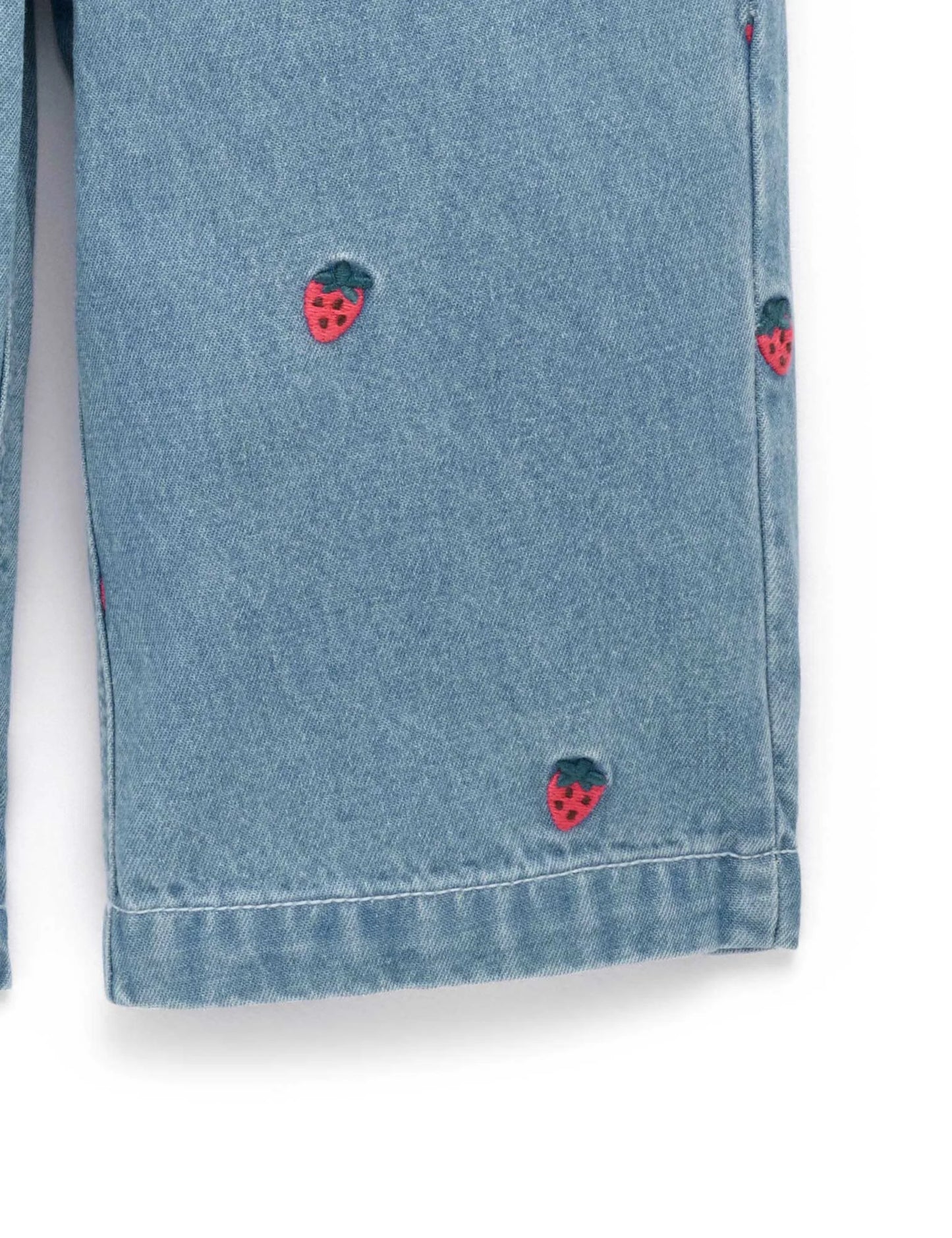 Embroidered Wide Leg Jeans - Large Strawberry Broderie