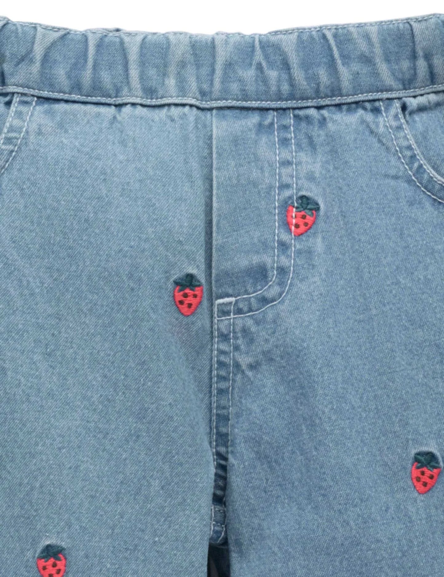 Embroidered Wide Leg Jeans - Large Strawberry Broderie