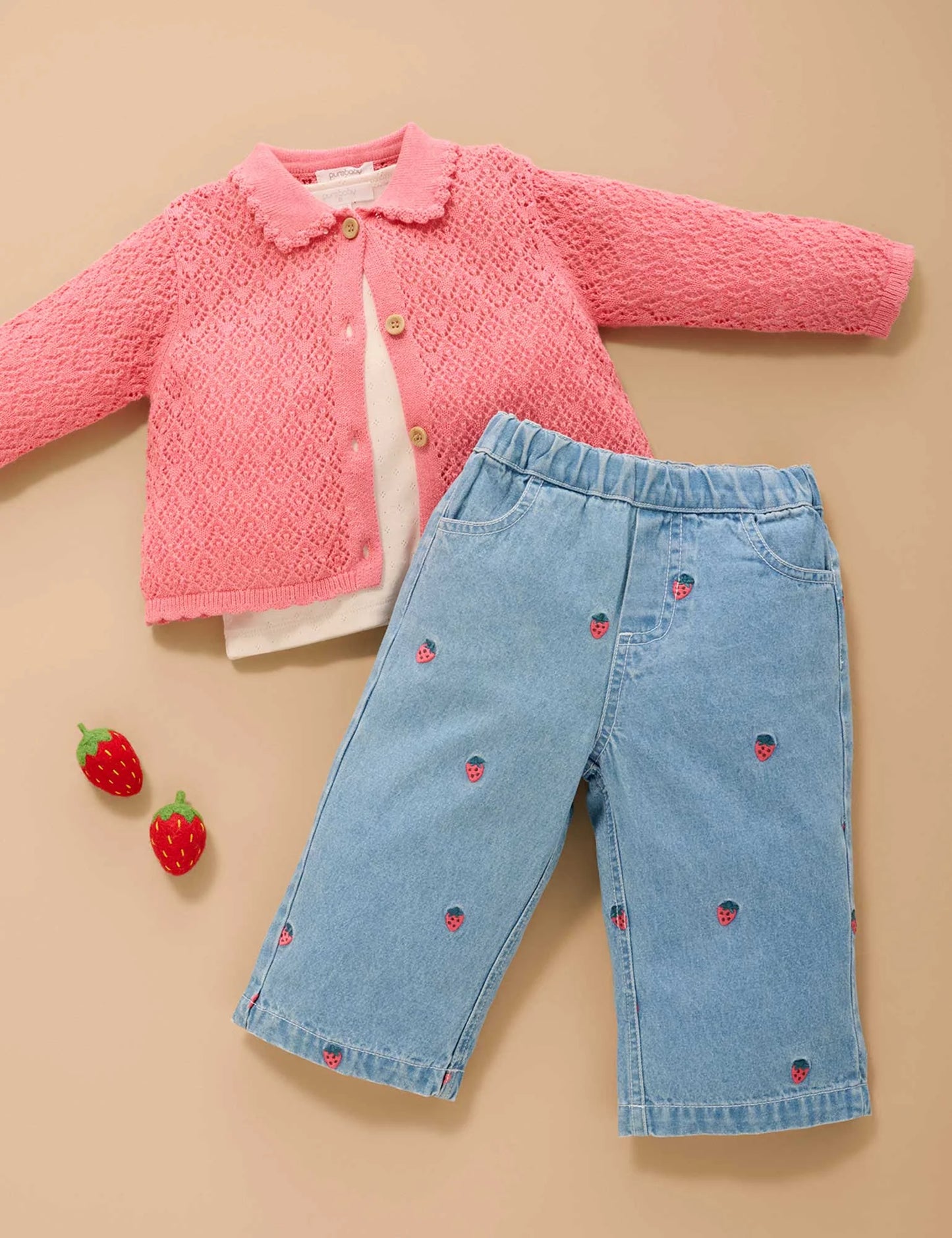 Embroidered Wide Leg Jeans - Large Strawberry Broderie