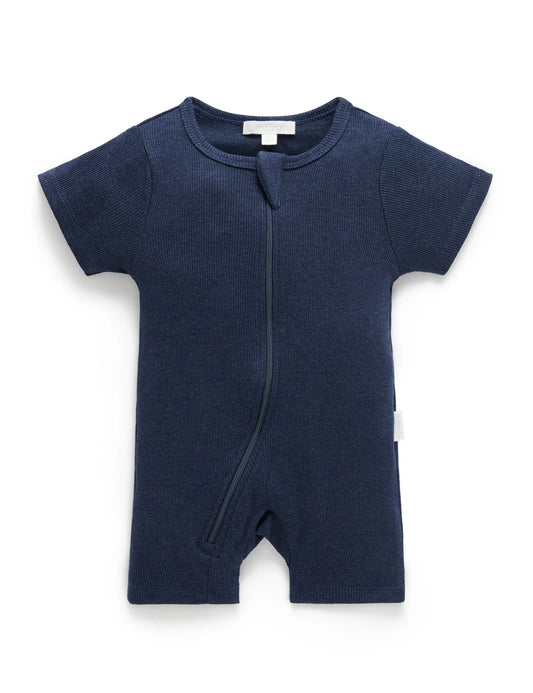Short Ribbed Zip Growsuit - Navy Melange