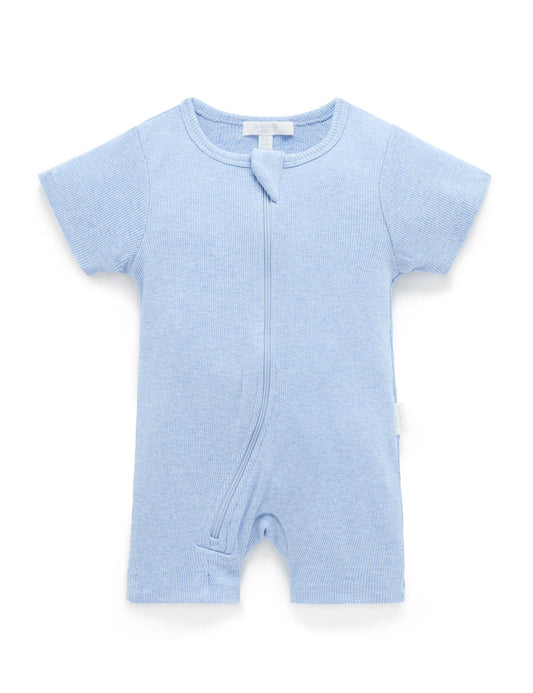 Short Ribbed Zip Growsuit - Pale Blue Melange