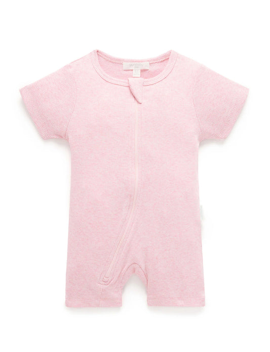 Short Ribbed Zip Growsuit - Pale Pink Melange