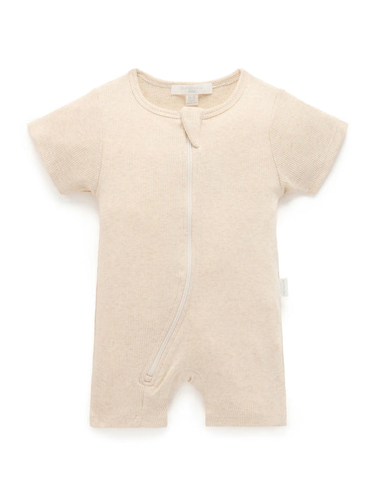 Short Ribbed Zip Growsuit - Wheat Melange