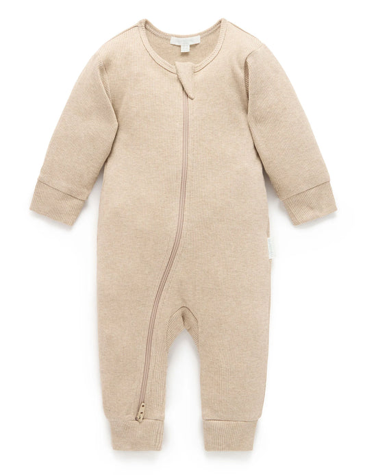 Ribbed Zip Growsuit - Biscuit Melange