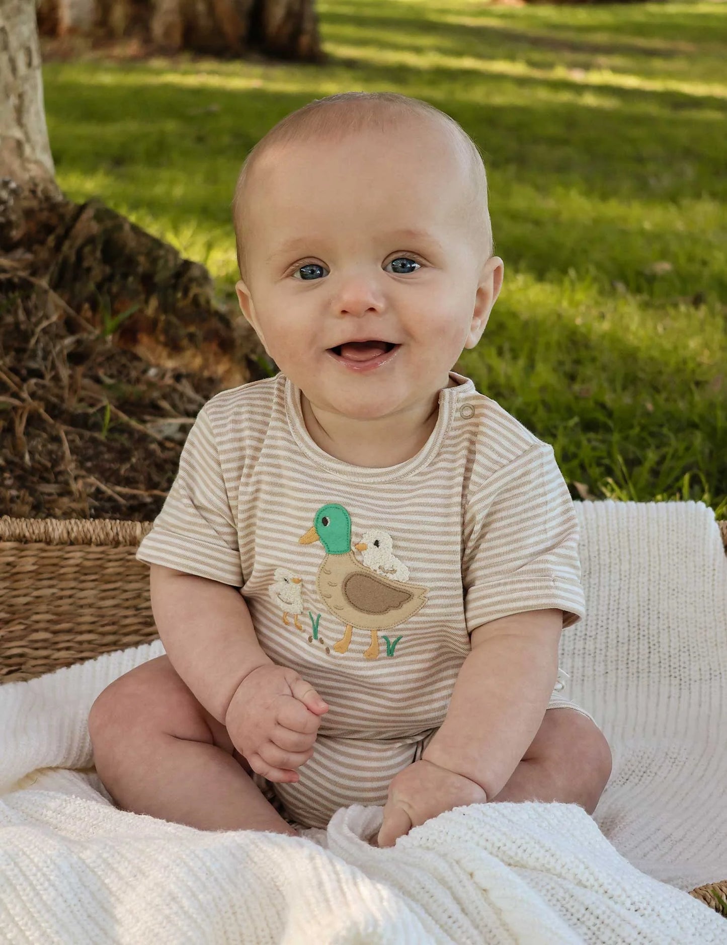 Ducky Short Growsuit - Oatmeal Stripe