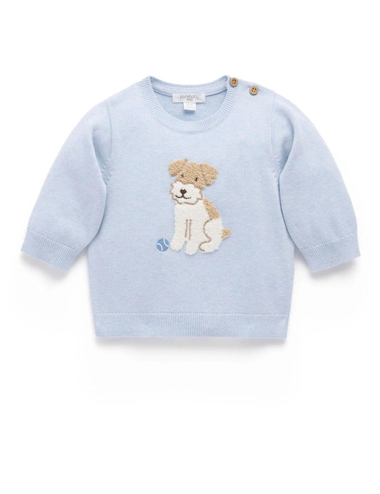 Puppy Embroidered Jumper - Sky