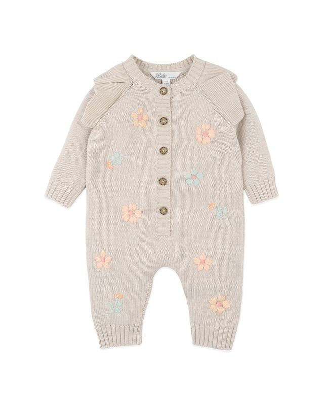 Fern Hand Emb.  Knit Romper - Oat Marl
